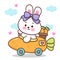 Cute bunny rabbit drives a carrot car delivery vegetable. Series: Kawaii vector animal driving Happy Easter egg hunting