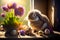 A cute bunny rabbit with Easter eggs and flowers in pot on the wooden windowsill. Created with Generative AI