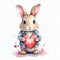 Cute bunny rabbit heart hare, watercolor illustration for valentines day card or print