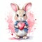 Cute bunny rabbit heart hare, watercolor illustration for valentines day card or print