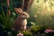 Cute Bunny rabbit sitting amongst flowers in a dreamy woodland garden at Easter