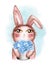 Cute bunny rabbit. Watercolor bunny rabbit and blue peonies flower illustration.