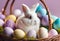 A cute bunny rests amidst a collection of colorful Easter eggs inside a charming basket