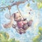 A cute bunny rides on a swing, on a tree. Art poster for the nursery on a blue background. Oil painting, canvas for kids