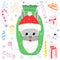 Cute Bunny`s Head in Santa Claus Hat with Beard. Children Drawings of Christmas Elements. Cartoon Hare, Candies, Gifts and Stars