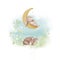 Cute bunny sleeping on the  moon . Deer sleeping on meadow with flowers. watercolor hand drawn illustration on white isolated back