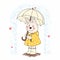 Cute bunny with umbrella in the rain. Cartoon animal drawn by ha