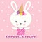 Cute bunny unicorn. Beautiful adorable rabbit in a ice cream cap on a pink background.