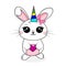 Cute bunny unicorn with bow and heart in the hands.