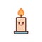 Cute burning candle cartoon comic character with smiling face happy emoji kawaii style flame fire light celebration
