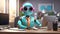 Cute business cartoon robot career success corporate project professional smiling working