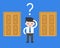 cute business man confuse to choose door to open, business situation concept about decision