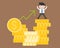 cute business man stand on stack of gold coin, business situation concept, riches from investment dollar currency price rising