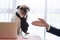 Cute business pug dog with necktie ignore to handshake with young handsome business man. Animal face expression emotions. Boring