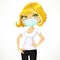 Cute business woman in face mask with speech bubble shows a T-shirt for print on white background