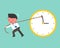 Cute businessman try hard to pull back minute hand anti clockwise by rope, vector turn back time concept