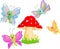 Cute butterfly cartoon with red mushroom