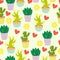 Cute cacti, flowerpots. Seamless pattern with cute cacti. Nature,spring. Cute illustration.