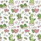 Cute cacti in pots. Seamless vector pattern for design of fabric, paper, packaging. Love, pink hearts and houseplants