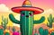 Cute cactus in the American prairie standing in the sun wearing a Mexican sombrero hat