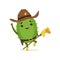 Cute cactus cowboy, funny plant character riding on toy horse, cartoon vector Illustration