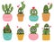 Cute cactus faces. Funny succulent cacti face, tropical prickly potted smiling plants, mexican cactus happy face vector