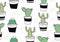 Cute cactus seamless pattern with botanical exotic theme. Funny character drawing floral botanical garden with pot. Vector