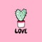 Cute cactus shaped like a heart and love lettering phrase. Vector illustration. Hand drawn Happy Valentines day card