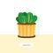 Cute cactus standing on a table top, front view with a space for a text. Home plant in pots. Flower icon in a flat style