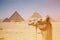 Cute camel in front of Egyptian pyramids in a desert under the clear sky