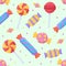 Cute candy and lolipop seamless pattern on a light background.