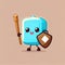 cute cane sugar cube cartoon character holding a shield, cartoon style, modern simple illustration