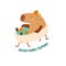 Cute capybara swimming, taking bath with tangerines. Vector funny animal with positive phrase isolated element