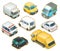 Cute car collection set, container lorry, garbage truck, police van, station wagon, sedan car, mini van, truck and taxi isometric