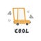 Cute car and lettering-cool. Funny transport. Cartoon vector illustration in simple childish hand-drawn Scandinavian