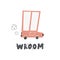 Cute car and lettering-wroom. Funny transport. Cartoon vector illustration in simple childish hand-drawn Scandinavian