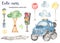 Cute car offroad, road traffic sign stop and traffic light watercolor clipart set