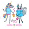 Cute card with best friends. Baby squirrel and rainbow unicorn in fashionable clothes. Can be used for t-shirt print