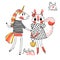 Cute card with best friends. Baby squirrel and rainbow unicorn in fashionable clothes. Can be used for t-shirt print