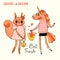 Cute card with best friends. Baby squirrel and rainbow unicorn in fashionable clothes. Can be used for t-shirt print