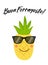 Cute card Buon Ferragosto italian summer holiday as funny hand drawn cartoon character of pineapple