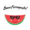 Cute card Buon Ferragosto italian summer holiday as funny hand drawn cartoon character of watermelon