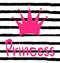 Cute card with hand drawn pink crown and princess lettering word on striped background