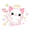 Cute card in kawaii style. Little cat with angel wings and halo. Inscription Little angel