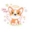 Cute card in kawaii style. Little corgi puppy with angel wings and halo
