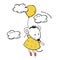 Cute card with a mouse in a yellow dress. Mouse flying in a balloon among the clouds. Colorful vector illustration in