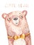 Cute card poster with hand drawn portrait bear with smiling face. Watercolor boho nursery hand painted