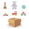 Cute cardboard box and children toys for boys and girls.Funny grey Teddy bear,pyramid,ball,block Builder, tractor and cubes on