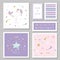 Cute cards with unicorn and gold glitter stars. For birthday invitation, baby shower, Valentine`s day.