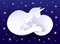 Cute care mother cat unicorn and baby caticorn sleeping. Vector paper cut style animal, kawaii 3D illustration on night sky